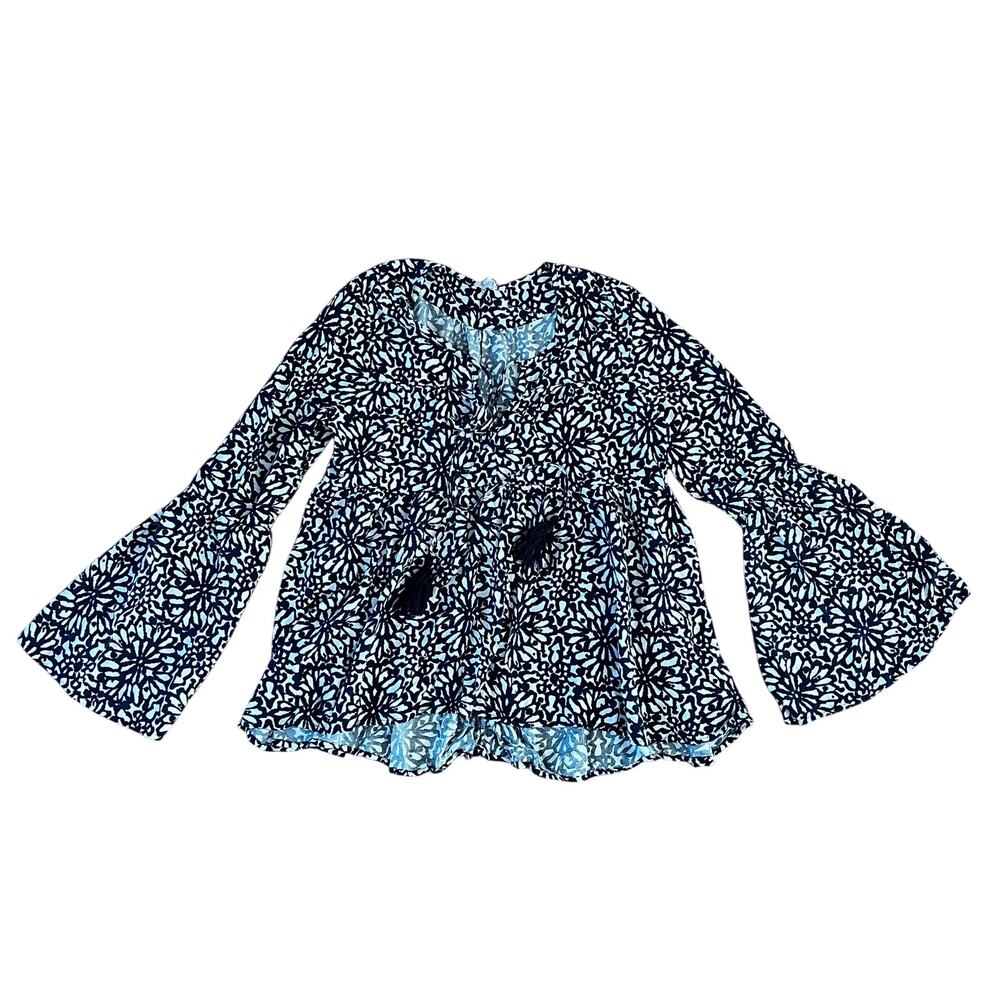 En Creme Navy White Geometric Floral Bell Sleeve Boho Blouse | Large